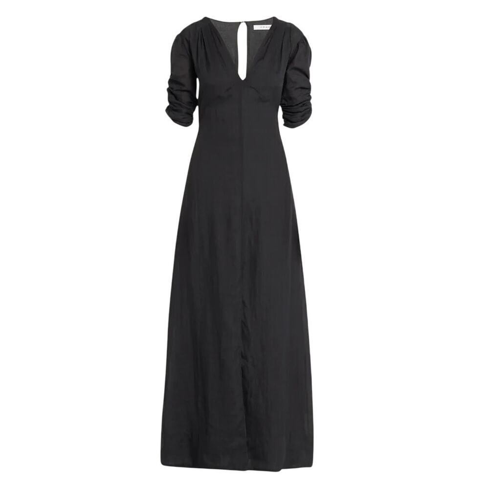 Frame Shirred Sleeve Maxi Dress Size Xl 100% Ramie Nwt Black V-Neck Fitted $409